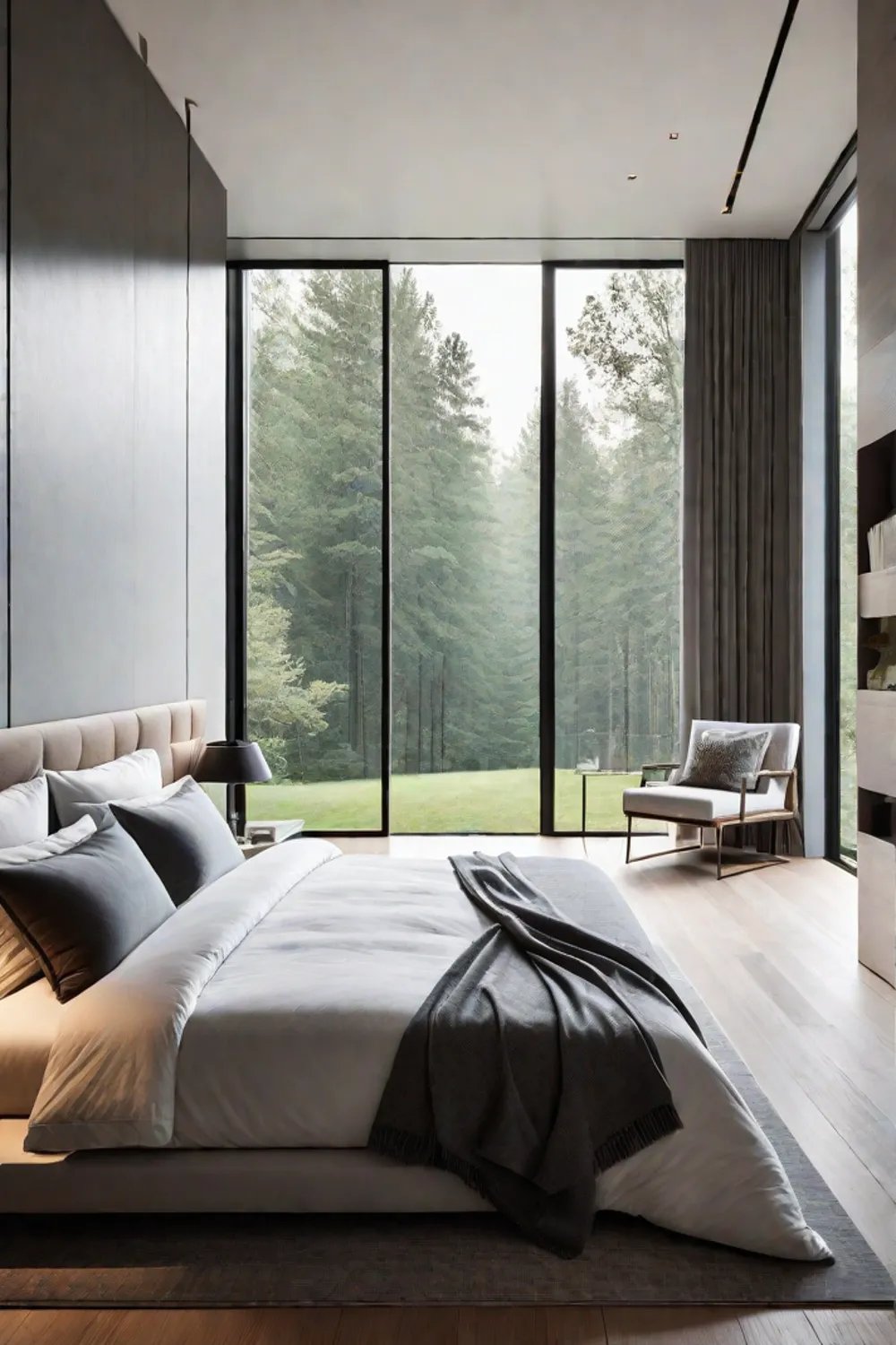 Airy bedroom with large windows connecting to outdoors