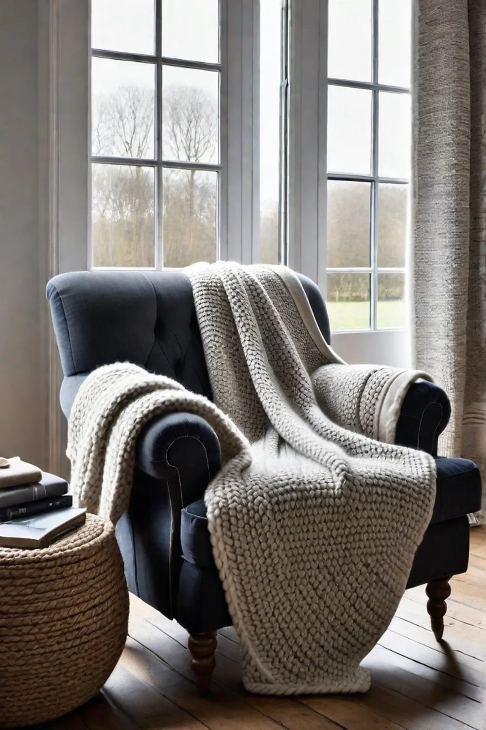 Art of layering textures in a living room with linen knit and wood elements