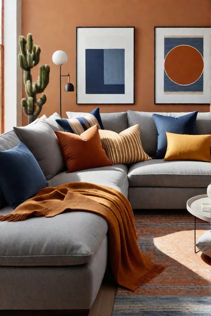 Balanced living room with gray sofa terracotta wall and warm and cool accents