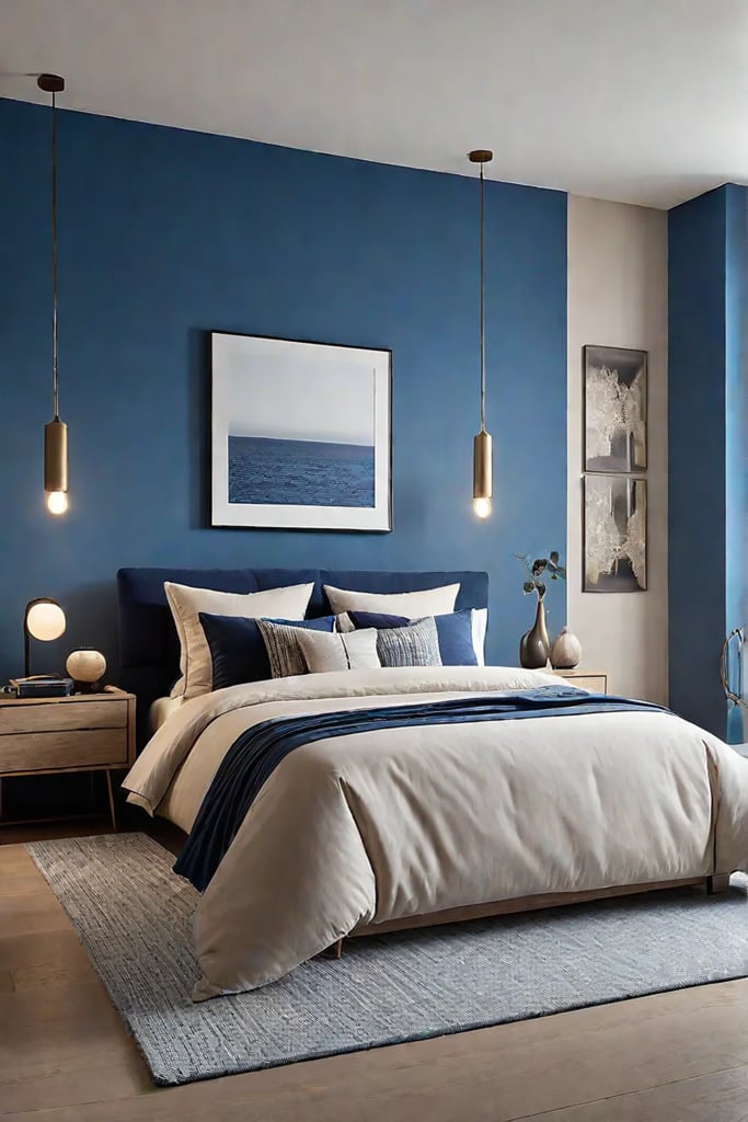 Balanced minimalist bedroom with blue and beige