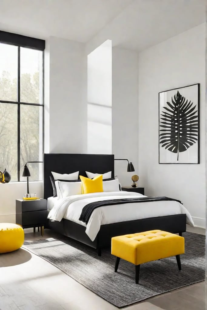 Black and white bedroom with a pop of yellow