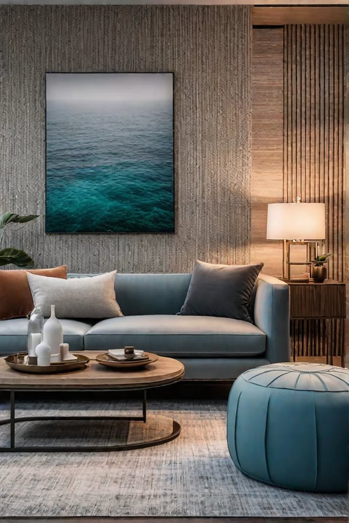 Bohemian living room with a grasscloth wallpaper accent wall