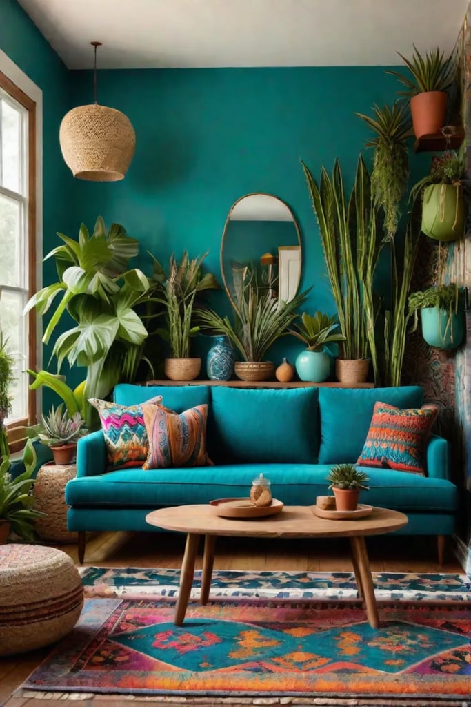 Bohemian living room with vibrant colors and eclectic patterns