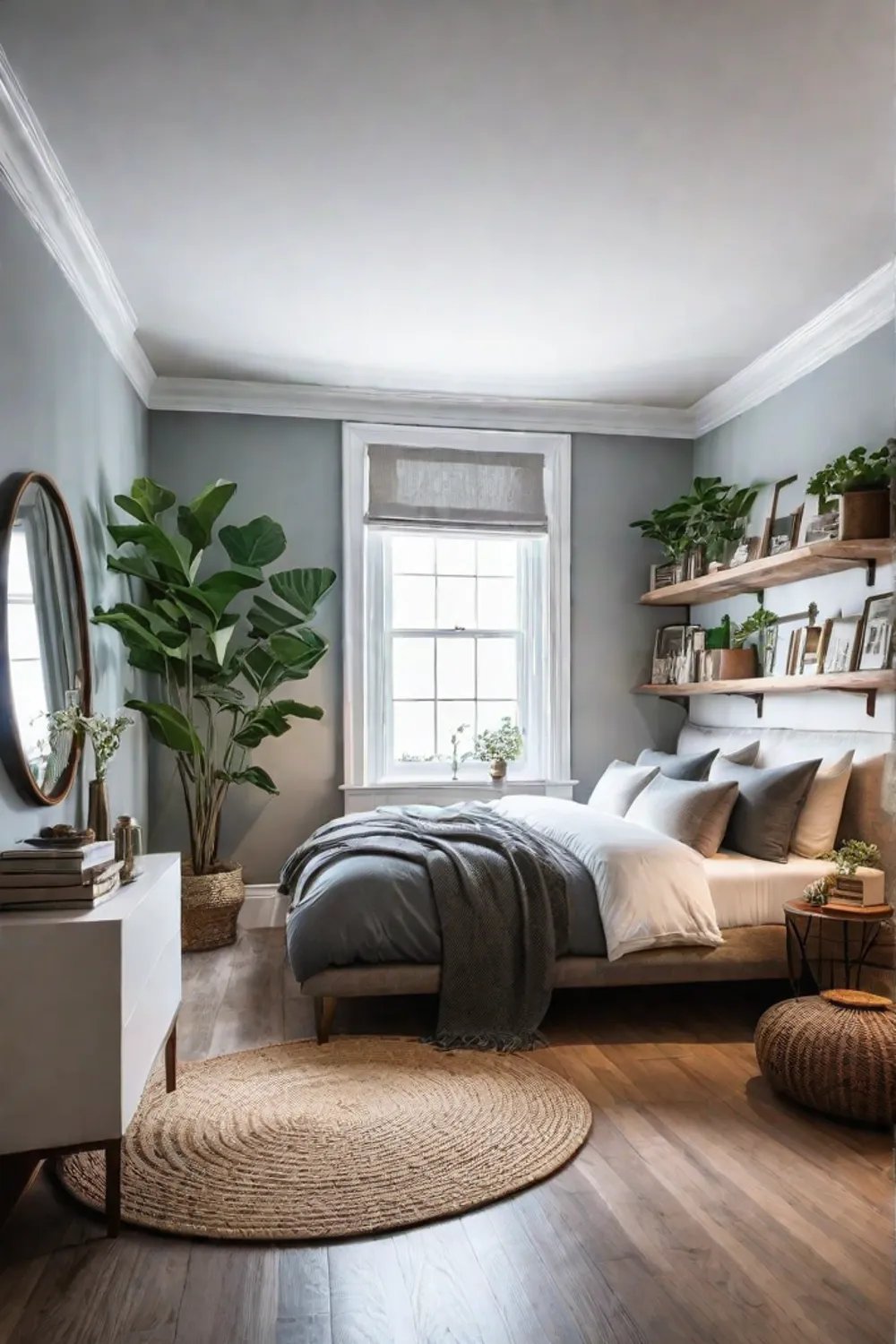 Bohemian small bedroom with wallmounted shelves and vintage furniture