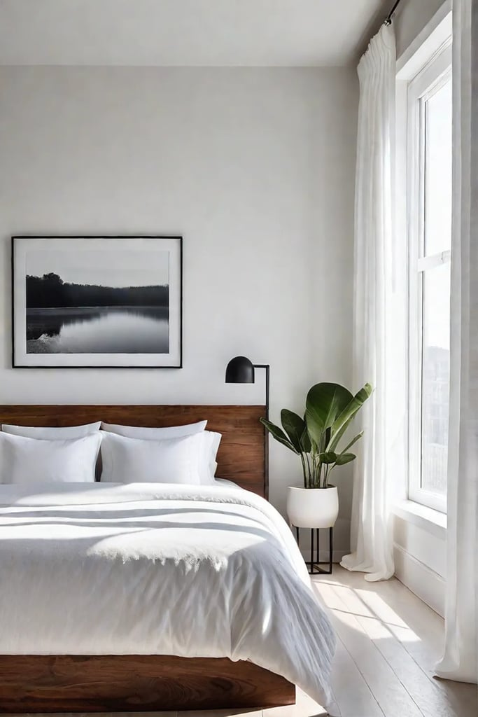Bright and airy bedroom with mirror reflecting sunlight