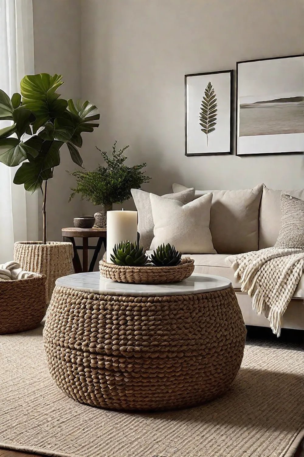 Calm and balanced living space with natural textures and greenery