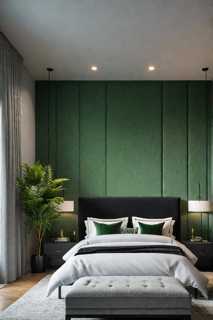 Calming gray and white bedroom with black accents