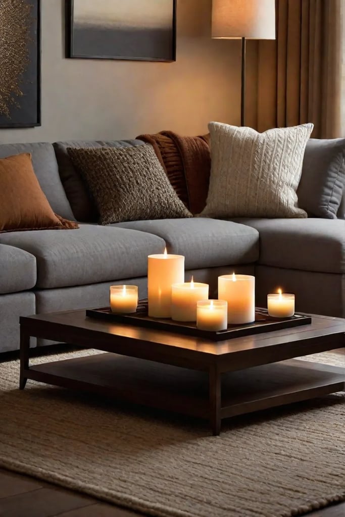 Candlelit living room with inviting seating and warm colors