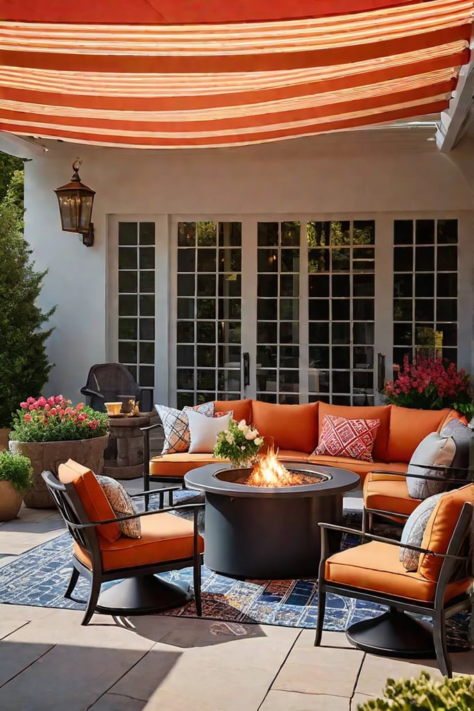 Charming patio with awning and colorful flowers