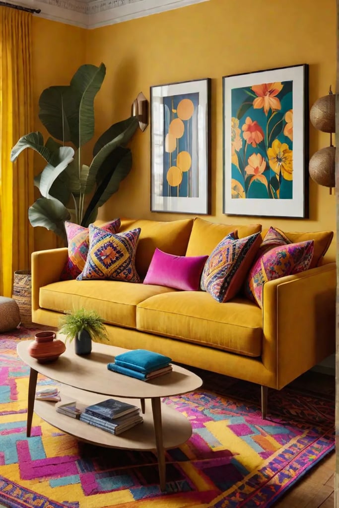 Cheerful and energetic living space with bold colors and mixed patterns