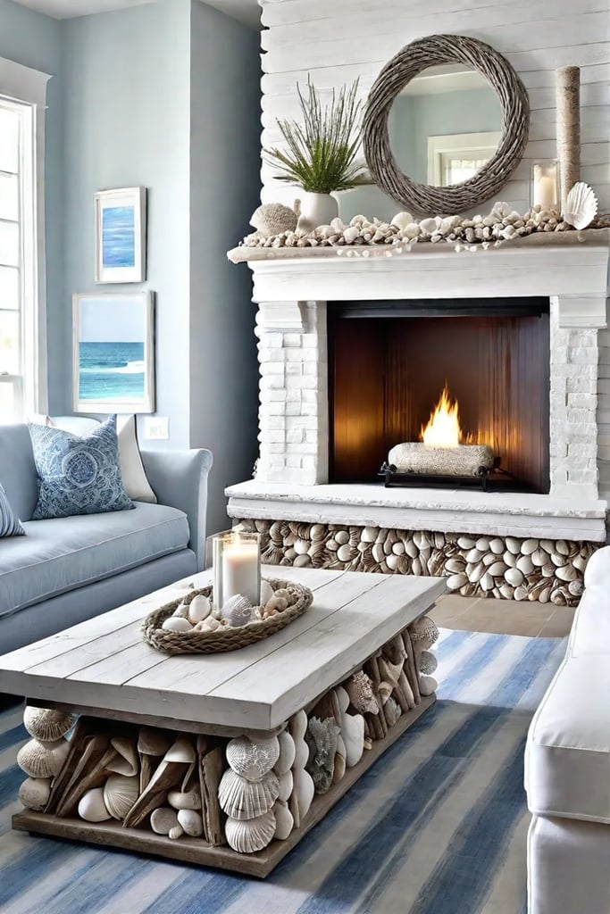Coastal living room with whitewashed fireplace