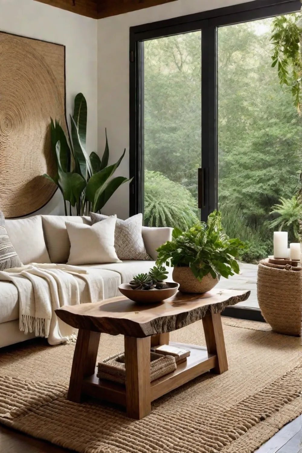 Connection with nature through natural materials and plants in a living space