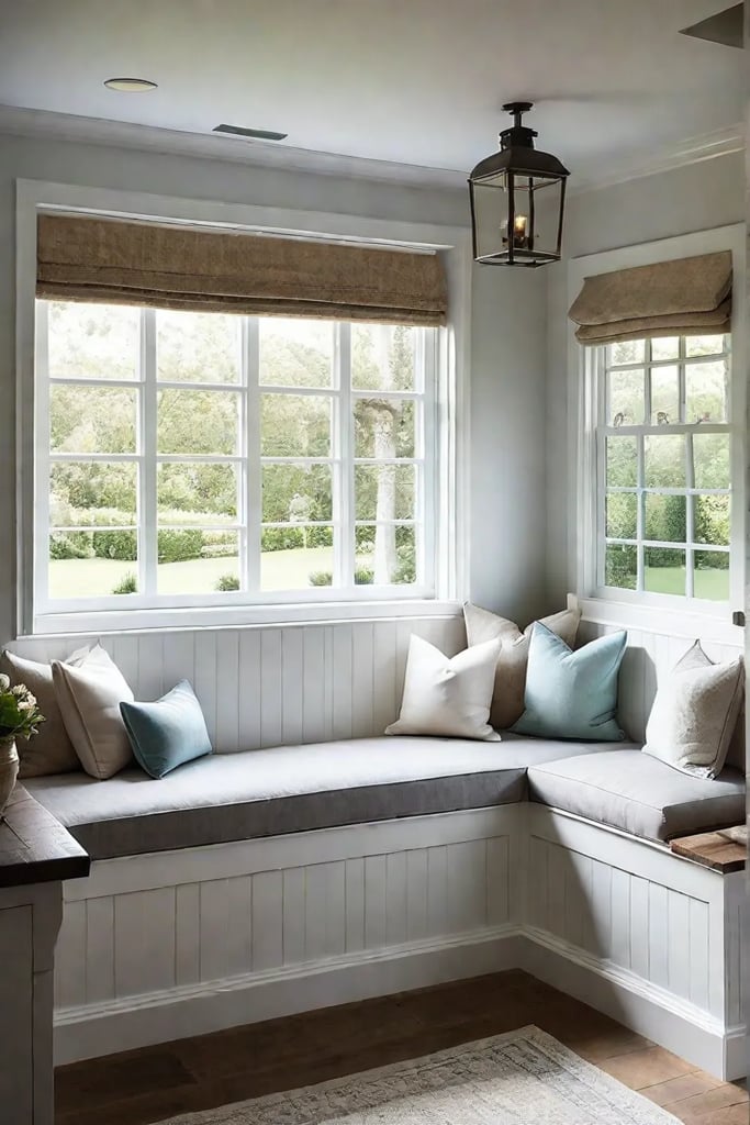 Cozy kitchen nook with cotton cushions and vintage lantern