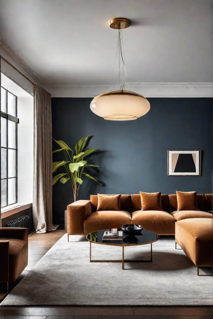 Cozy living space with velvet sofa leather armchair and textured rug