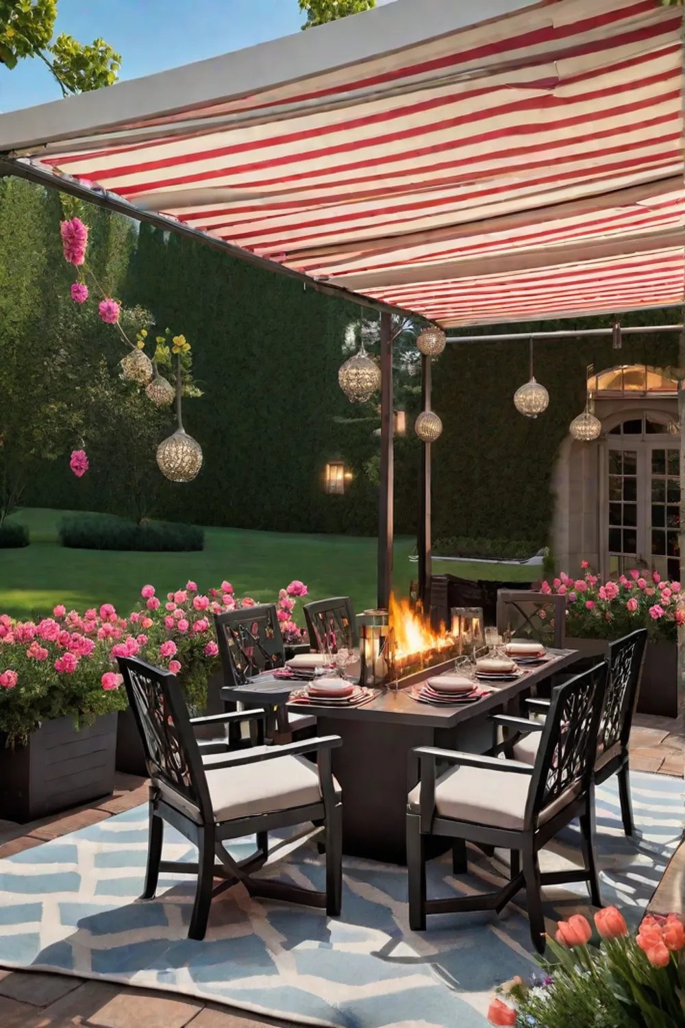 Cozy outdoor entertaining space with fire pit and dining area