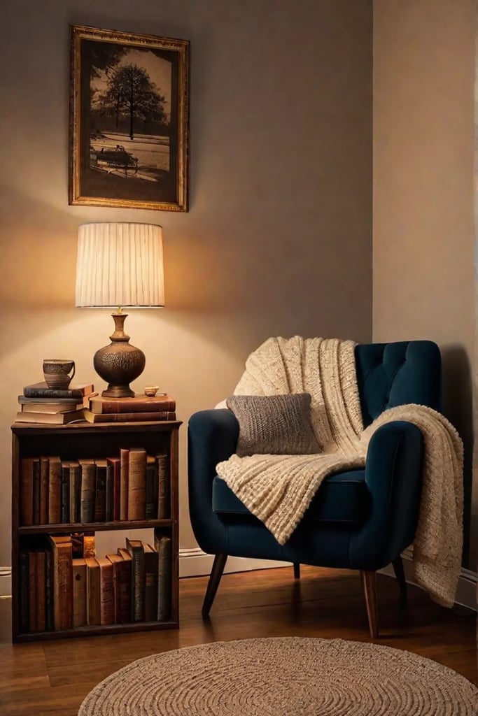 Cozy reading nook with knitted throw blanket
