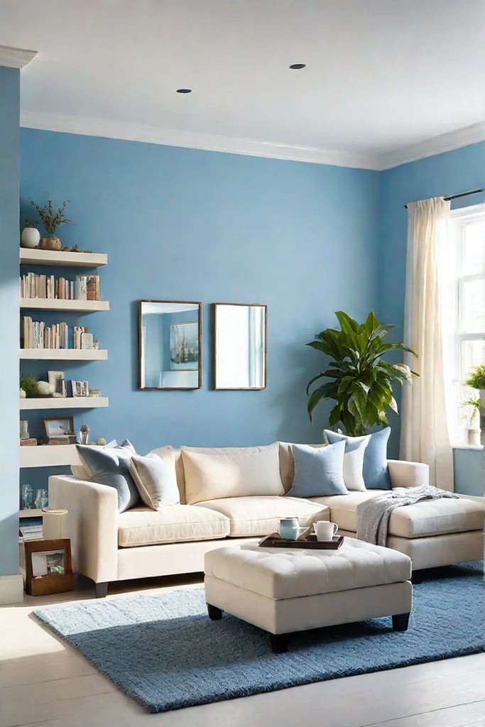 Cozy small living room with a sofa bed and storage ottoman