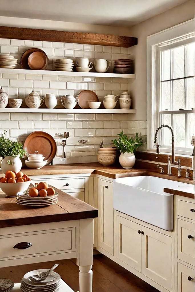 Cream island and warm wood floors in a farmhouse kitchen