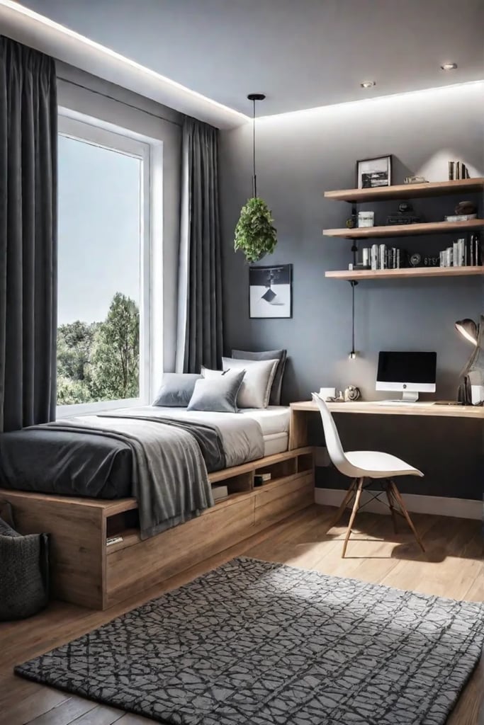 Creative bedroom layout with a corner bed