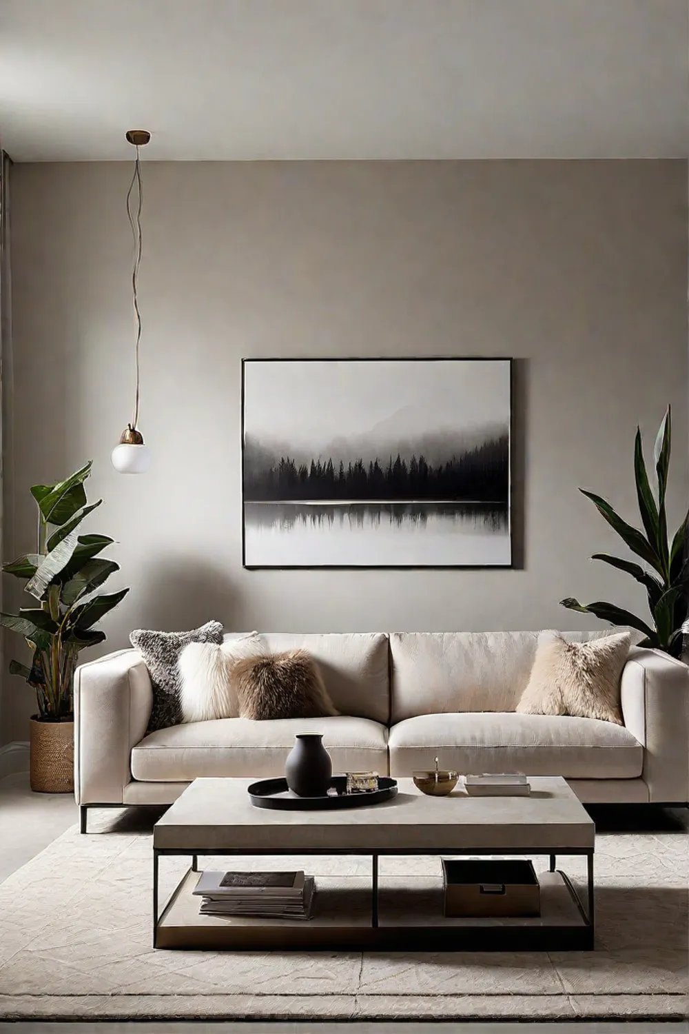 DIY concrete coffee table and plush rug