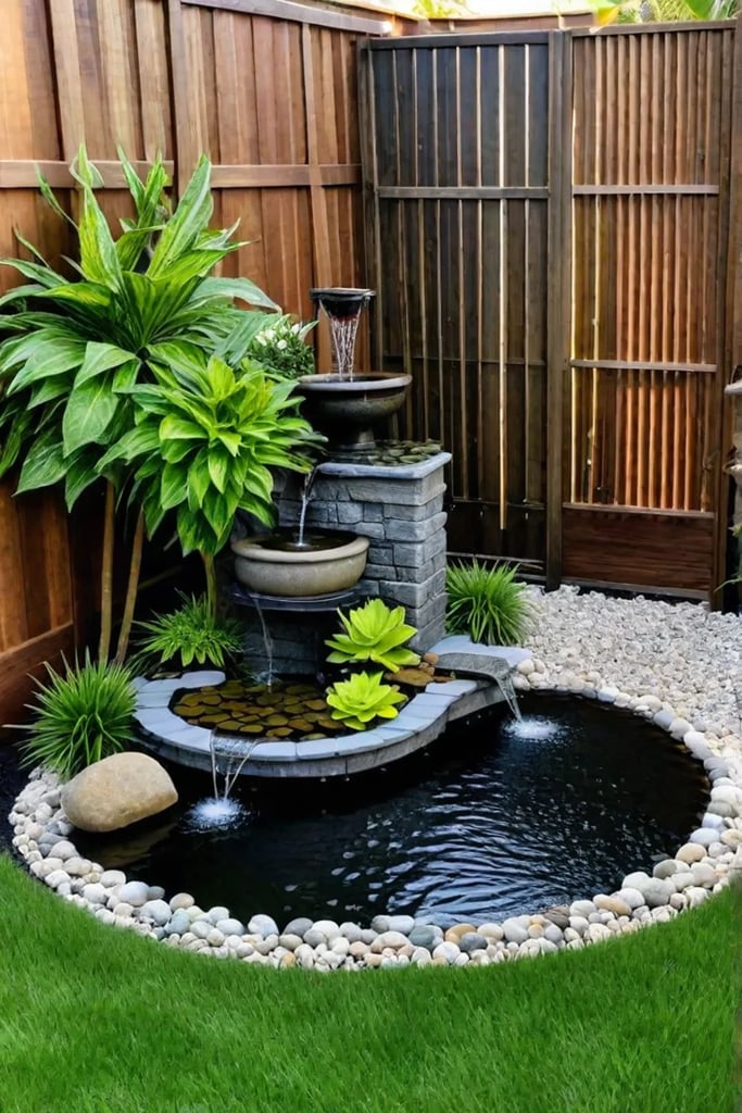 DIY container pond with a fountain in a backyard