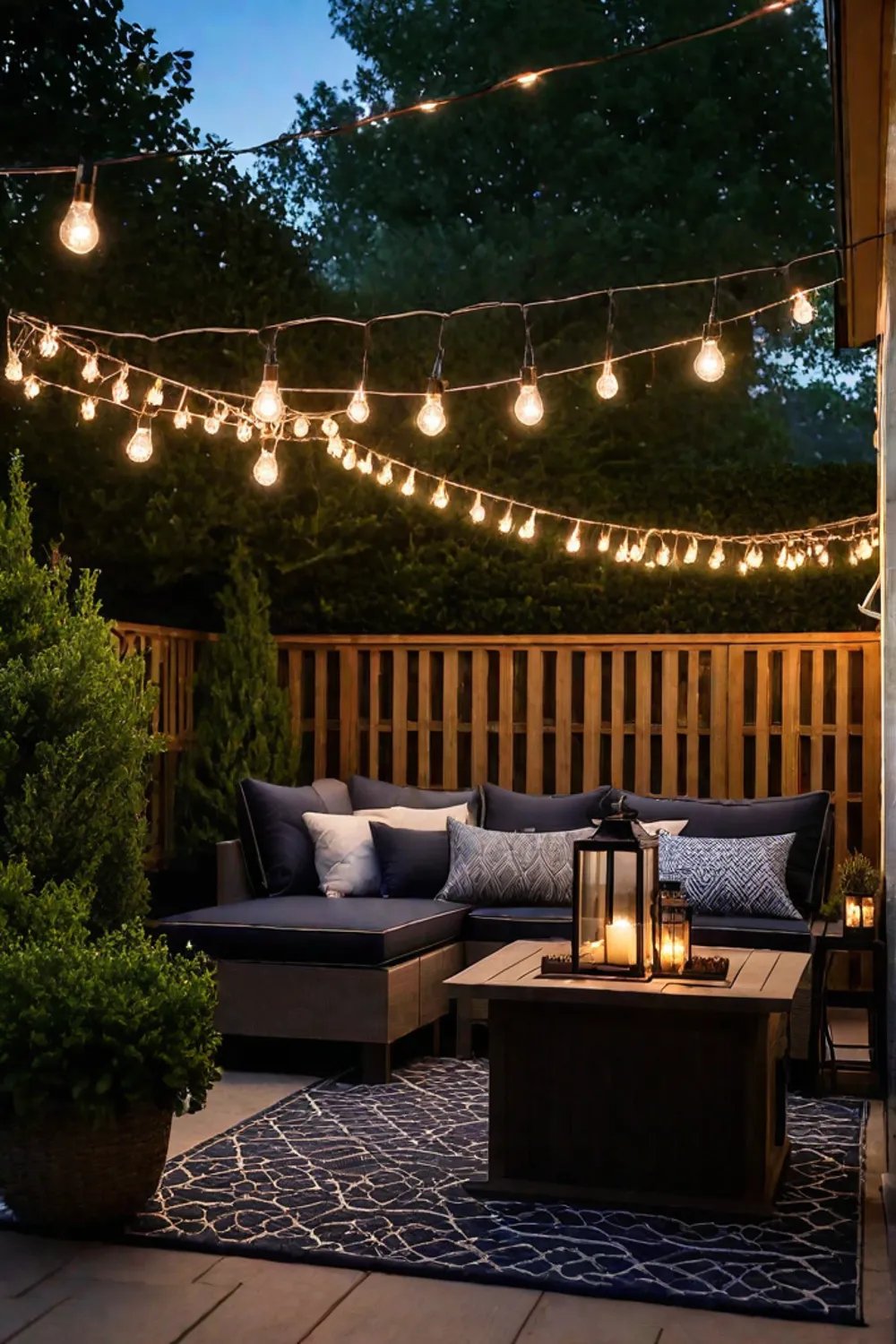 DIY outdoor lighting with string lights and solar lanterns