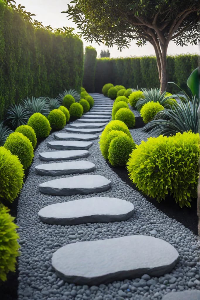 DIY pathway with gravel and stepping stones in a backyard