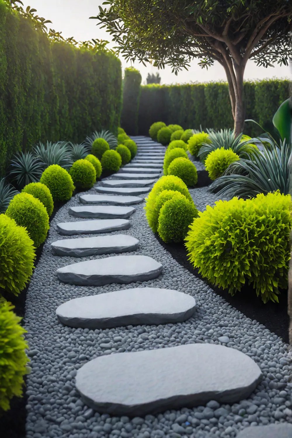 DIY pathway with gravel and stepping stones in a backyard