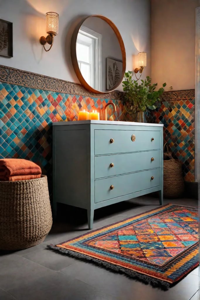 Eclectic bathroom with warm lighting and inviting atmosphere