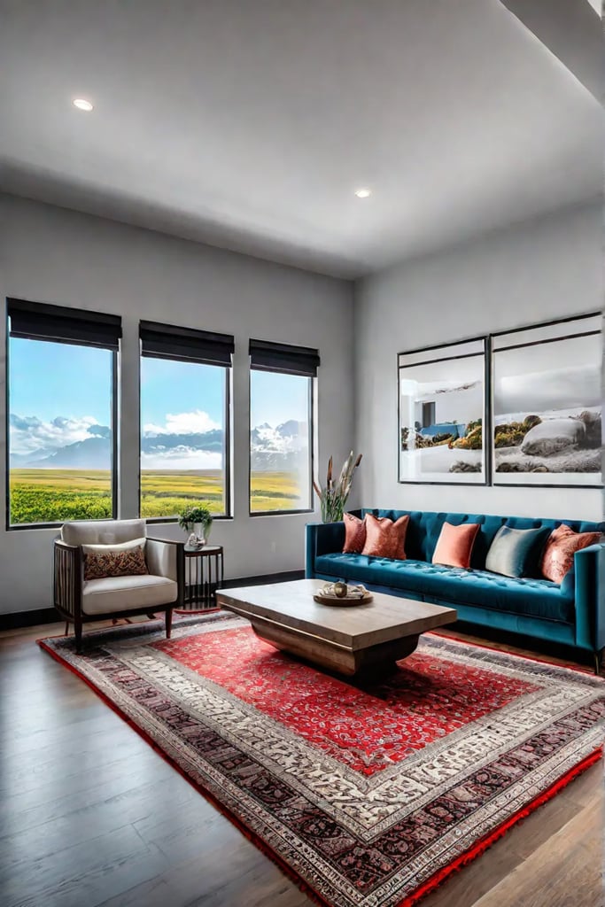 Eclectic living room with vintage and modern furniture and colorful rug