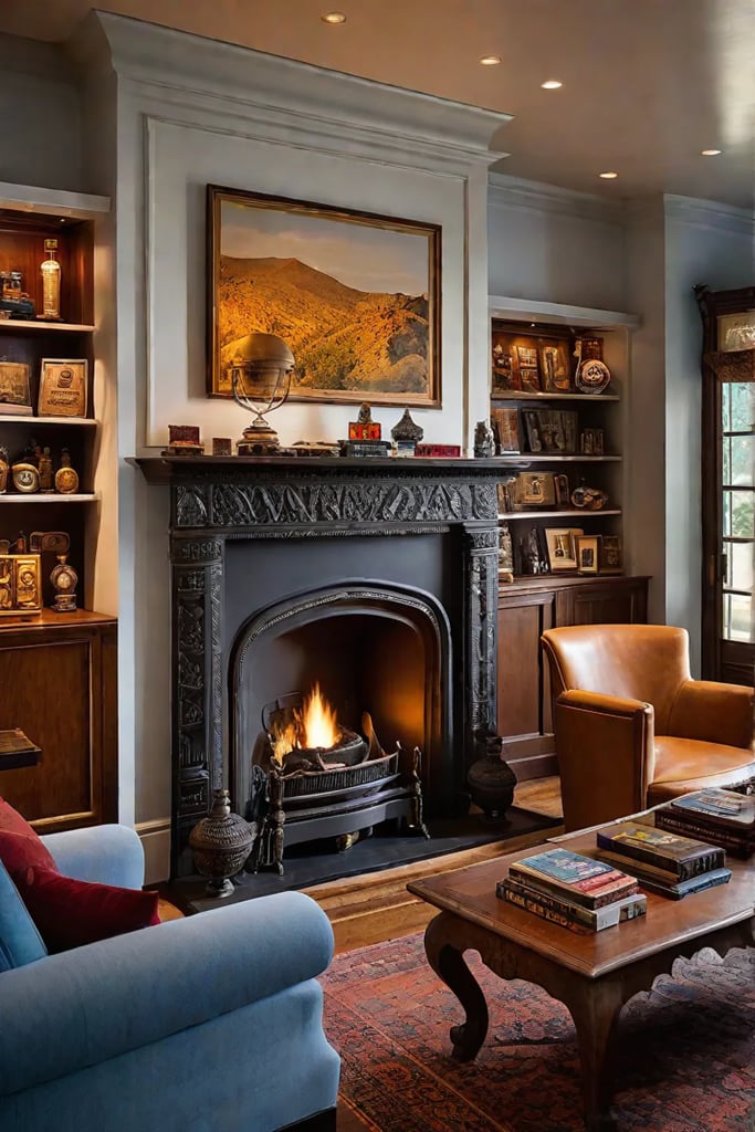 Eclectic living room with vintage fireplace