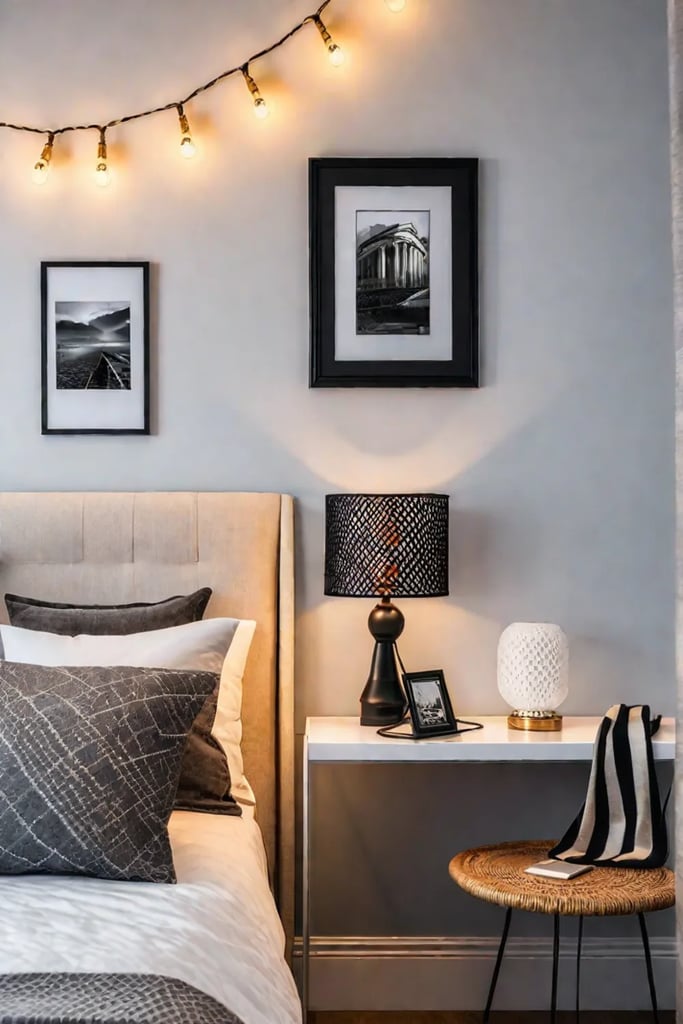 Eclectic small bedroom with diverse lighting sources