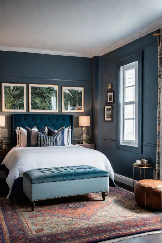 Eclectic small bedroom with storage ottoman and gallery wall