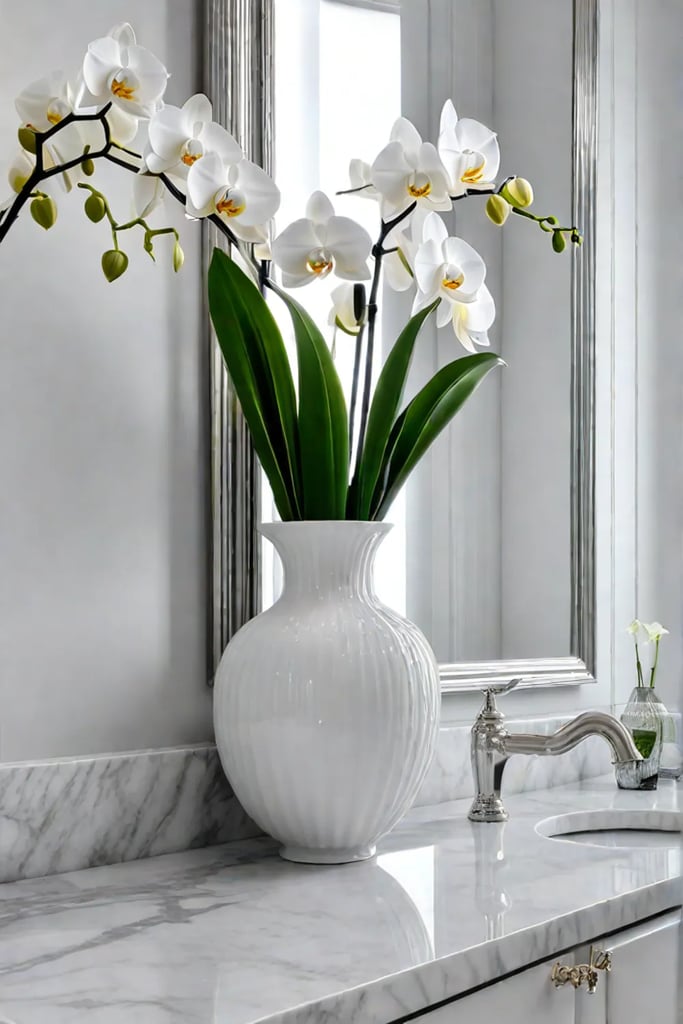 Elegant bathroom with white vanity and marble countertops