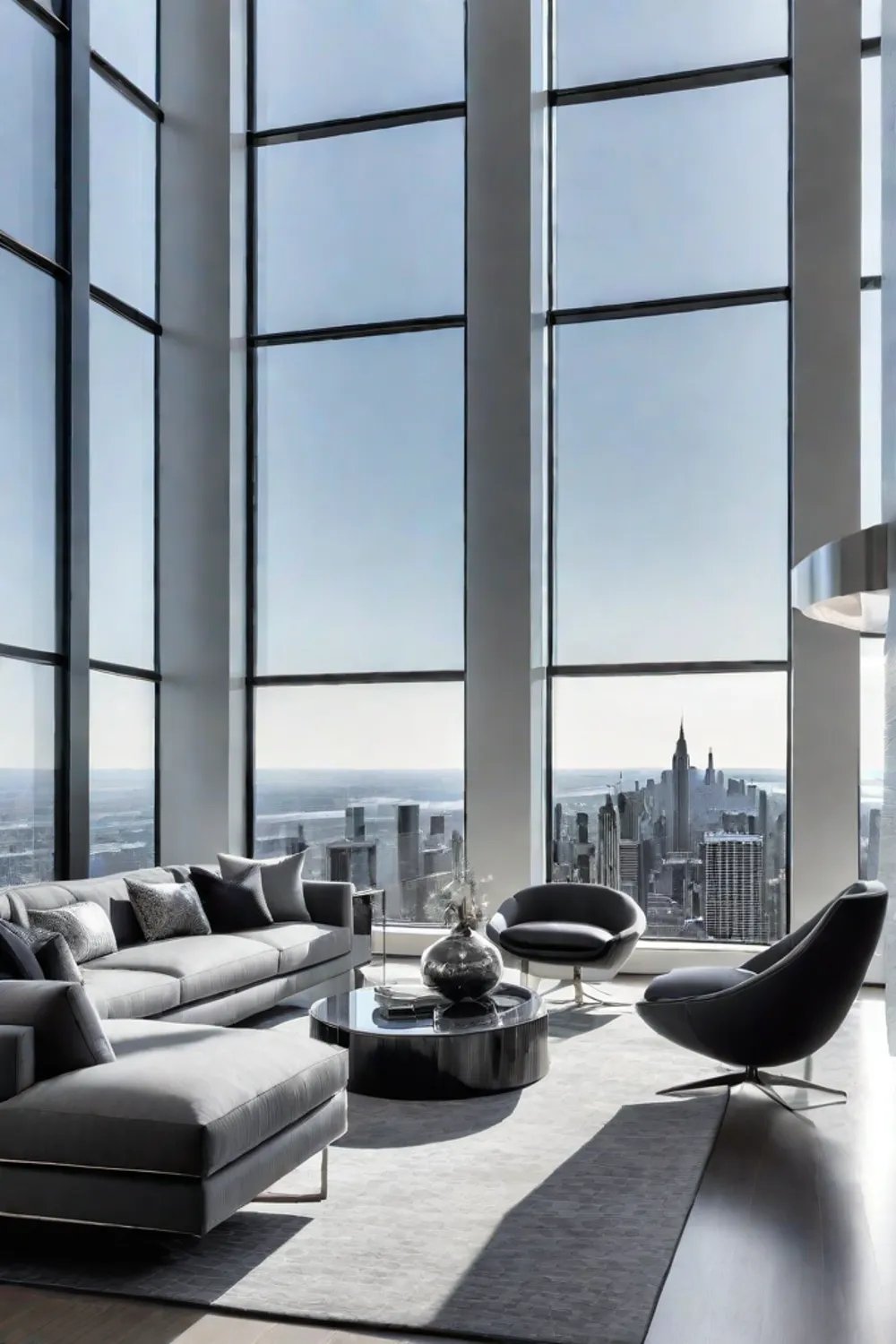 Elegant living space with sleek furniture and city views
