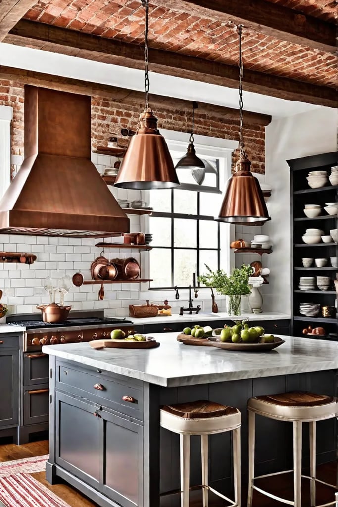 Exposed brick kitchen with metal pendant lighting