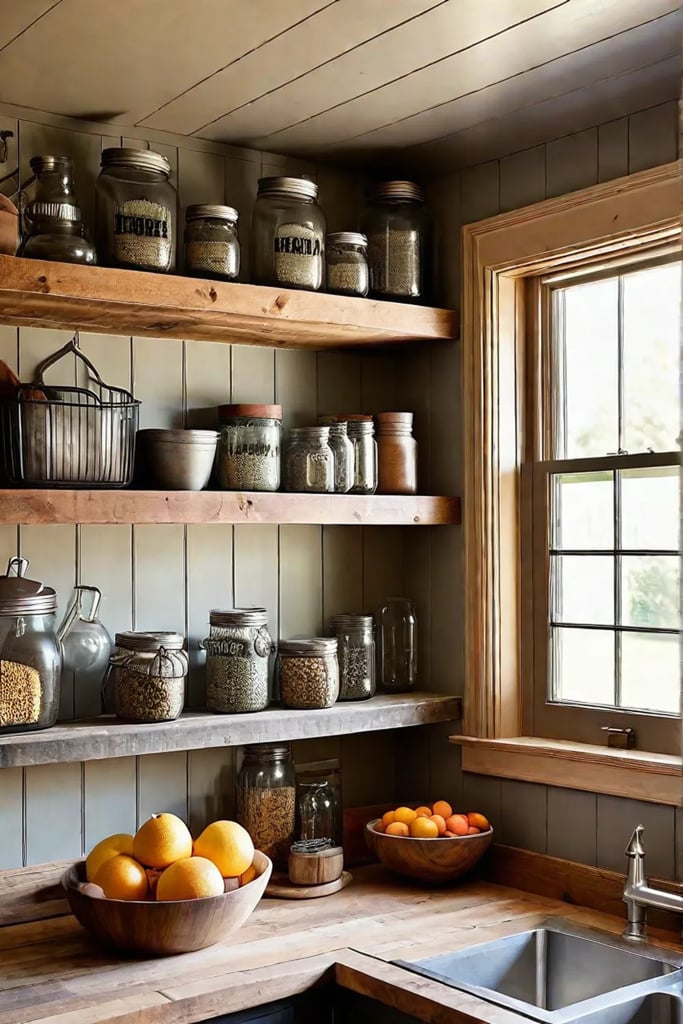 Farmhouse kitchen corner with shiplap and open shelves