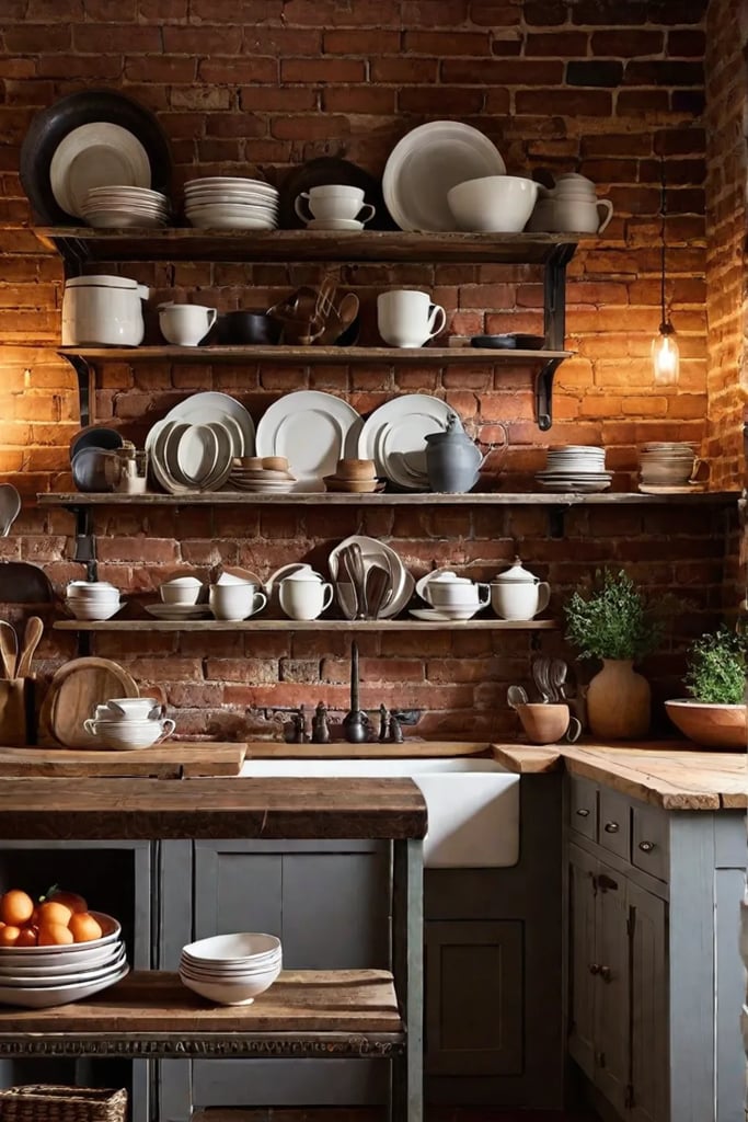 Farmhouse kitchen featuring reclaimed wood and exposed brick