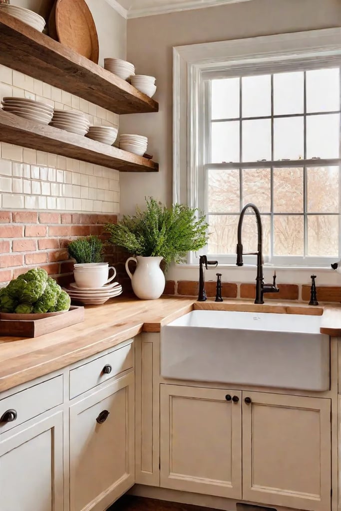 Farmhouse kitchen with brick backsplash and open shelving