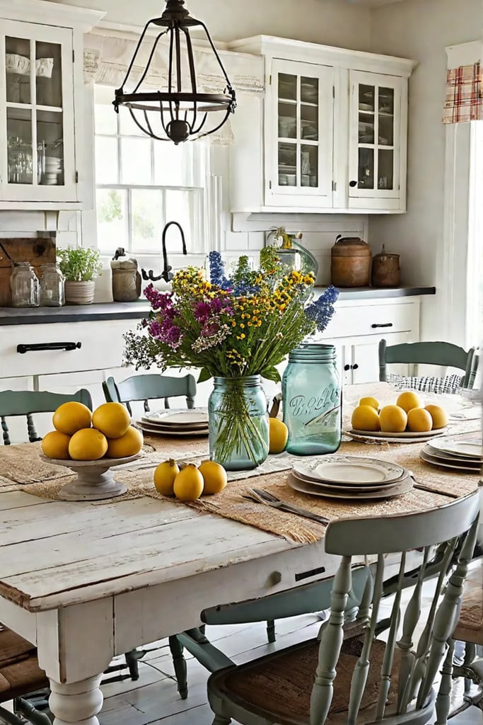 Farmhouse kitchen with mismatched chairs and wildflower bouquet