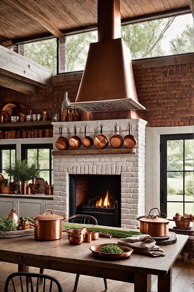 Farmhouse kitchen with whitewashed brick fireplace