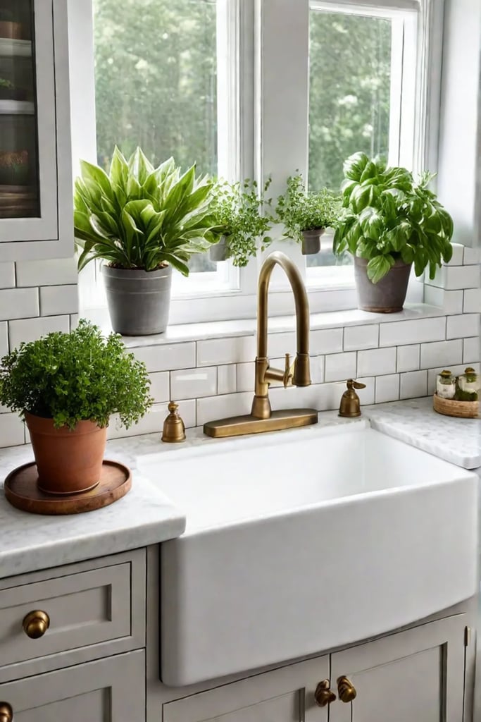 Farmhouse sink with vintage brass hardware and subway tile