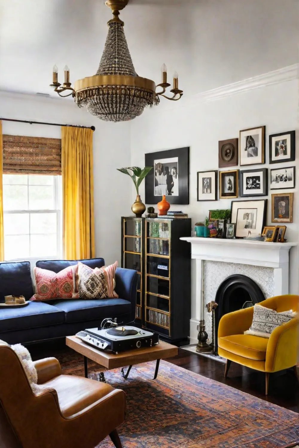 Flea market chandelier and family photo gallery wall