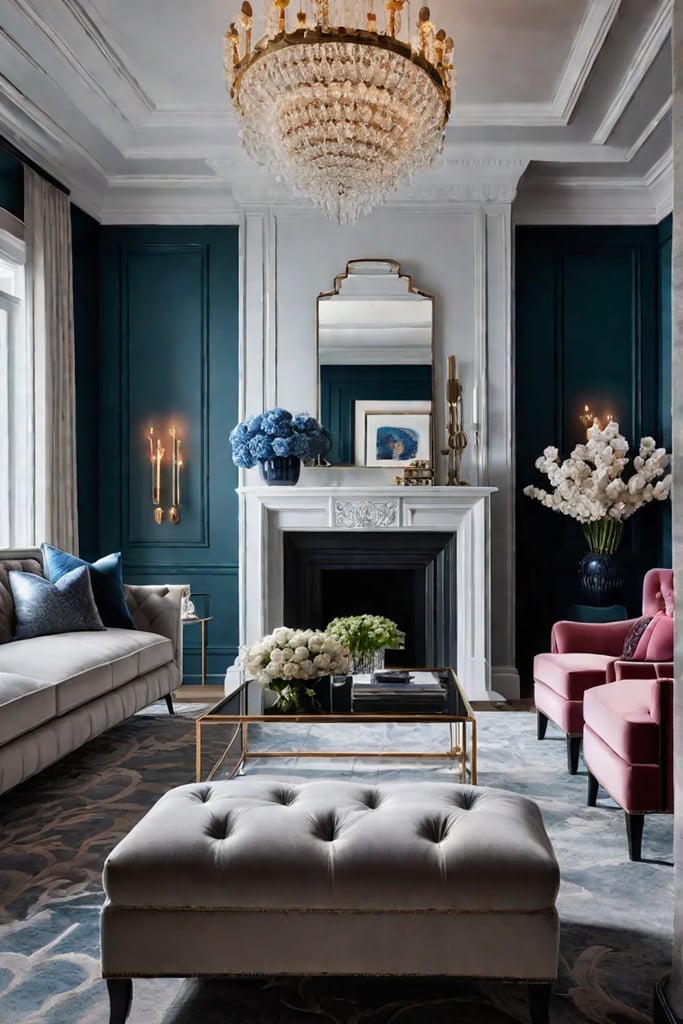 Floral wallpaper accent wall in elegant living room