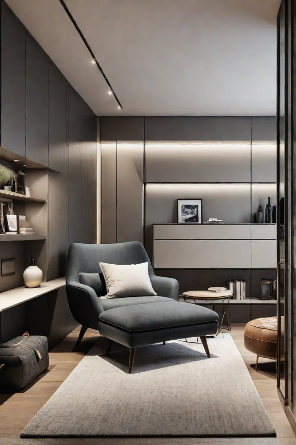 Functional minimalist bedroom with smart storage solutions and a reading nook