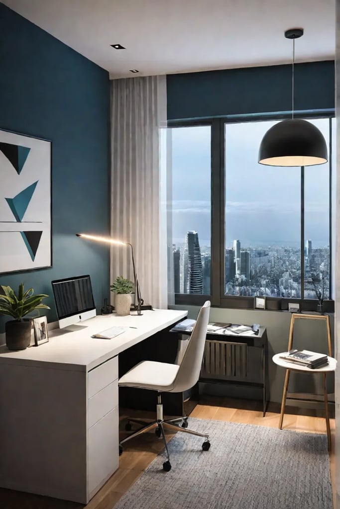 Functional small bedroom with task lighting for a workspace