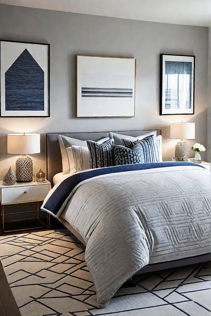 Geometric patterns and metallic accents in a minimalist bedroom