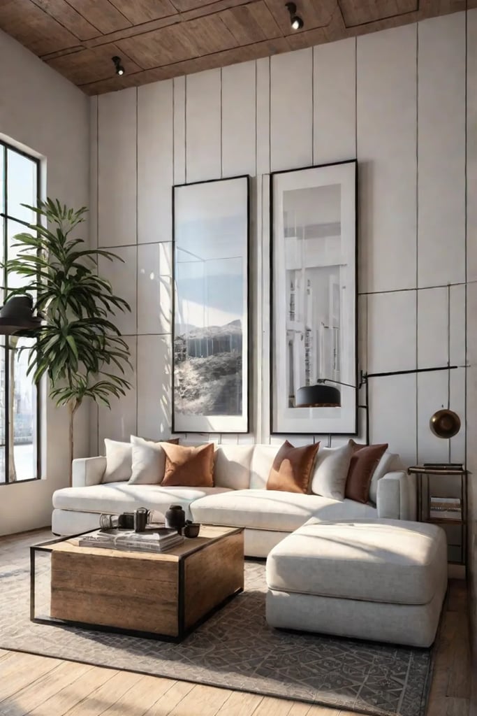 Geometric wallpaper accent wall in living room