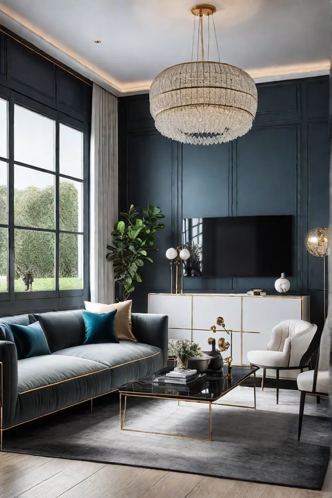 Glamorous living room with metallic textures and modern furniture