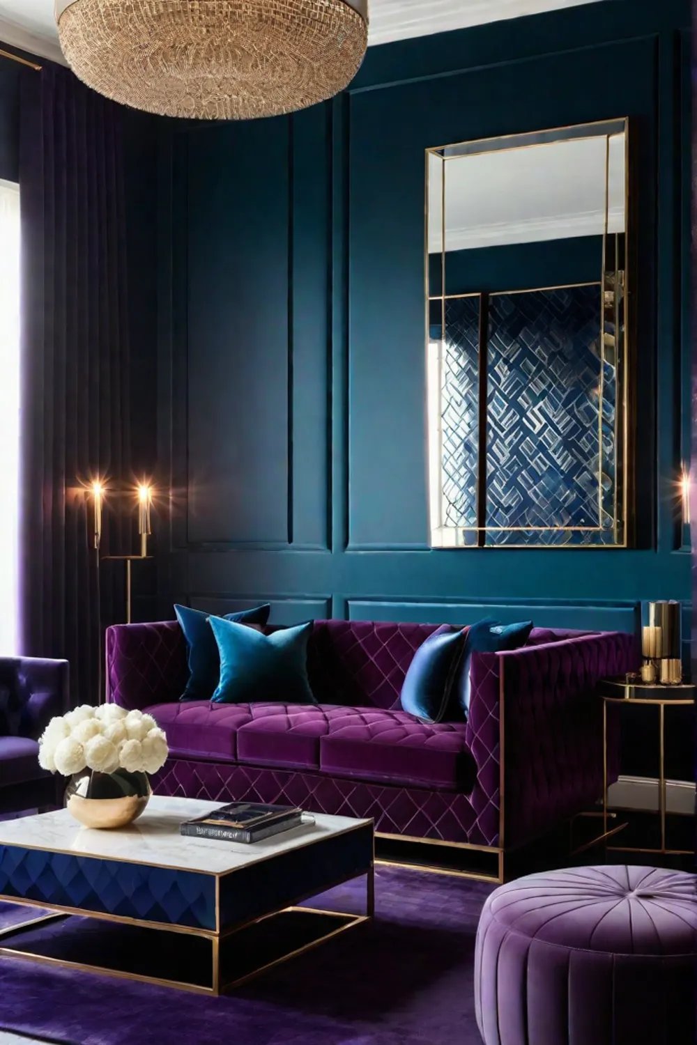 Glamorous living space with metallic accents and luxurious textures